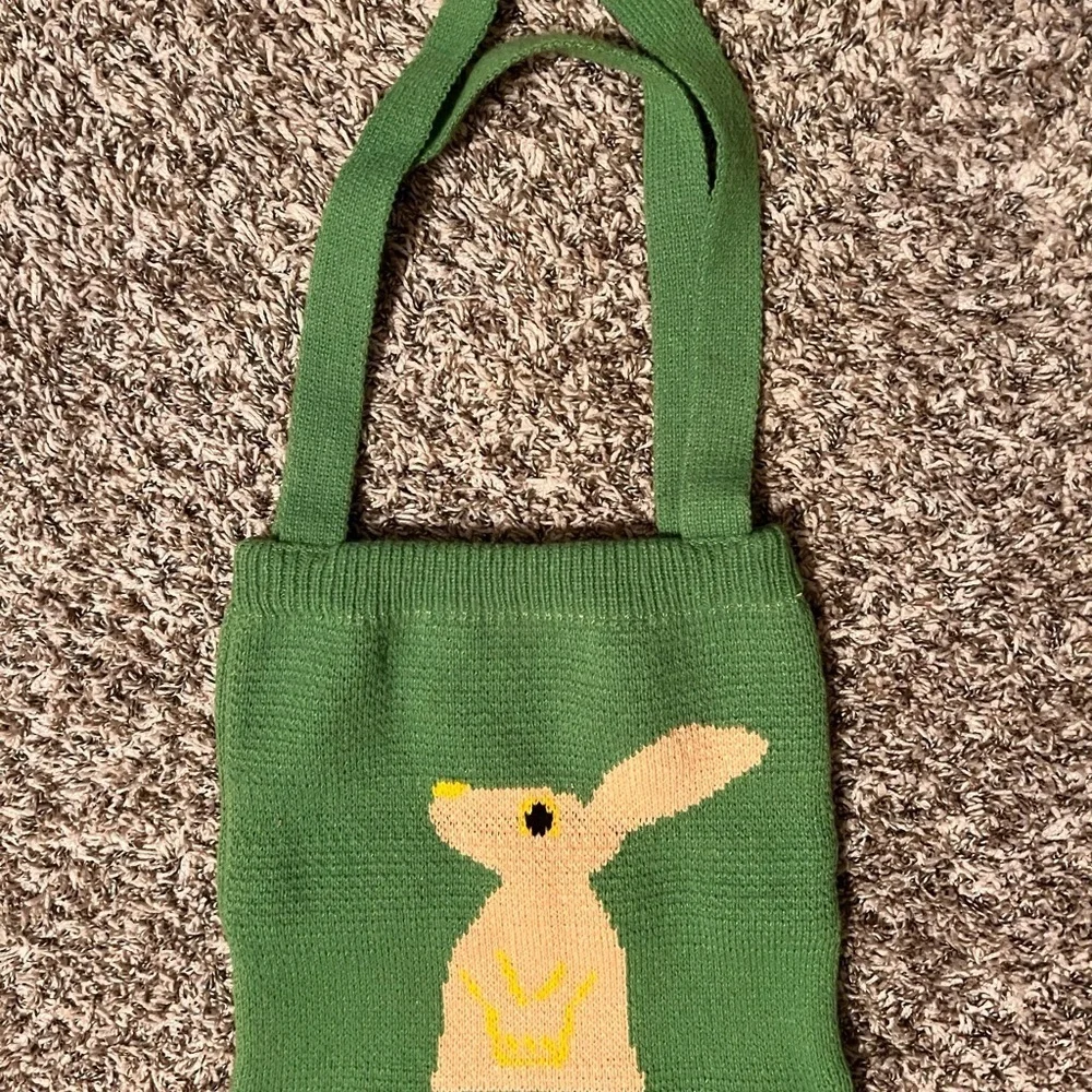 Green Knit Tote Bag with Rabbit Design